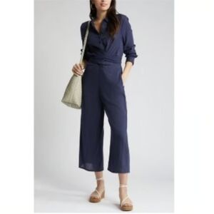 Nordstrom Caslon Jumpsuit Romper Blue Crepe Capri Tie Around sz S